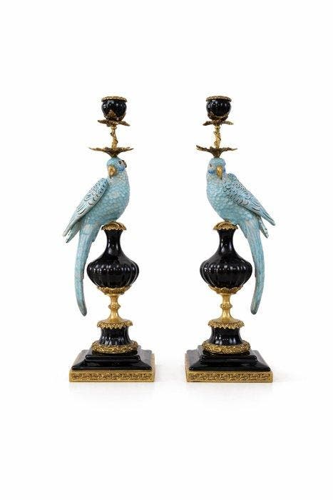 Kaarsenhouder - Porselein, Brons - Exclusief paar papegaaien, Antiquités & Art, Art | Objets design