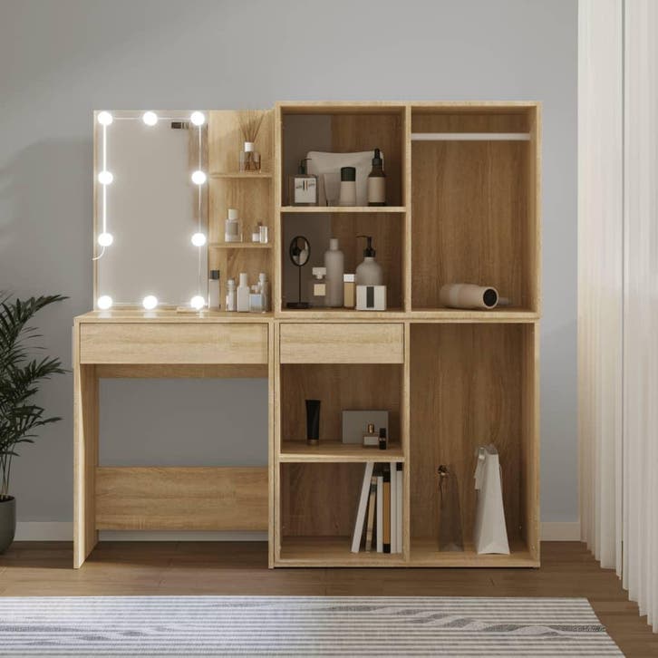 vidaXL Kaptafel met 2kastjes en LEDs bewerkt hout sonoma, Huis en Inrichting, Tafels | Kaptafels, Nieuw, Verzenden