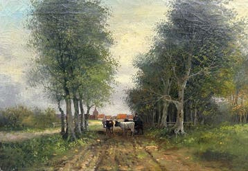 M.A Koekkoek (XIX-XX) - Man met koeien op bospad, Antiek en Kunst