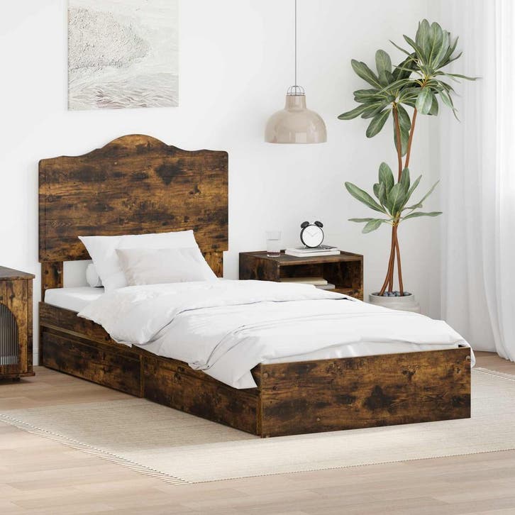 vidaXL Opbergbed met lade Rook Eiken 90 x 200 cm Bewerkt, Huis en Inrichting, Slaapkamer | Bedden, Nieuw, Verzenden