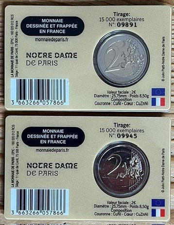 France. 2 Euro 2025 Notre Dame de Paris (2 stuks) (Sans, Postzegels en Munten