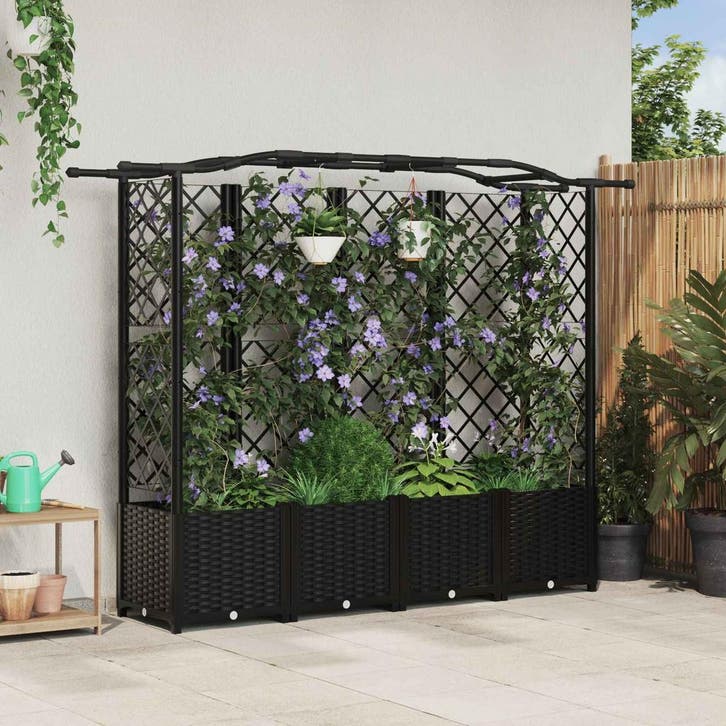 vidaXL Verhoogd Bed met Trellis en Dak Zwart 204 x 40 x 141, Jardin & Terrasse, Pots de fleurs, Envoi