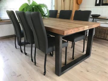Set van 6 grijze leren eetkamerstoelen met wieltjes en hoge, Ophalen of Verzenden