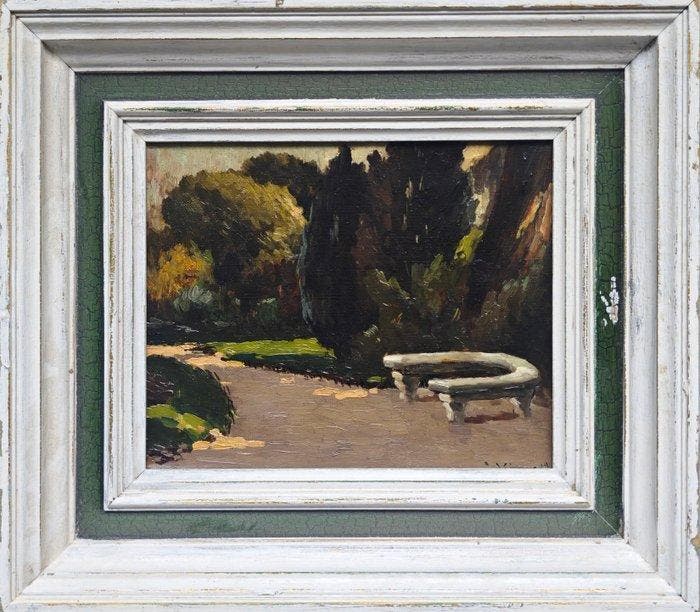 Andrés Gimeno (1879-1940) - El banco del parque, Antiquités & Art, Art | Peinture | Classique