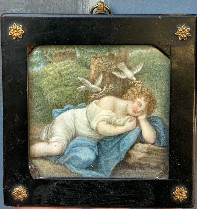 Franse school (XVIII) - Portrait Ange dormant dans un, Antiquités & Art, Art | Peinture | Classique