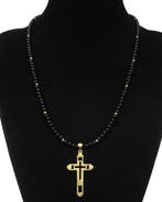 Goddelijke Glans – Obsidiaan en Lichtgouden Kruis -
