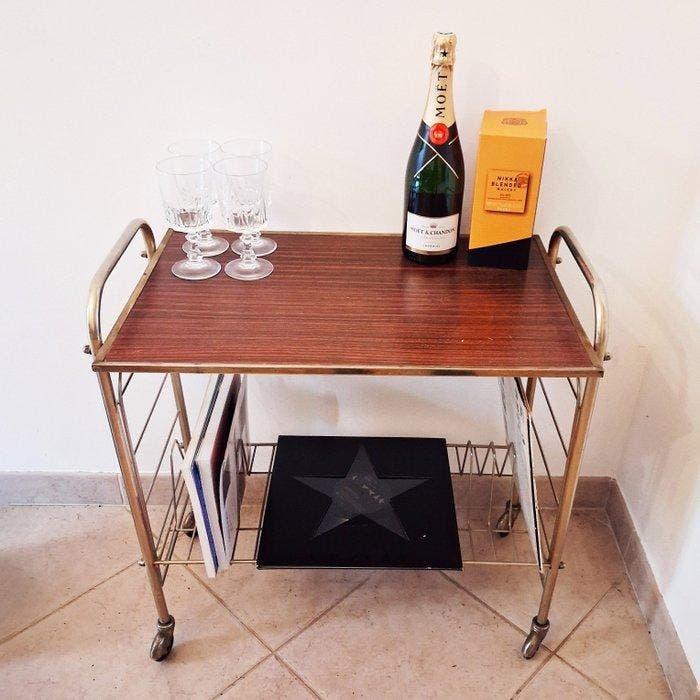 Serveerwagen - Metaal, Hout - Vintage vinylplaathouder /, Antiquités & Art, Art | Objets design