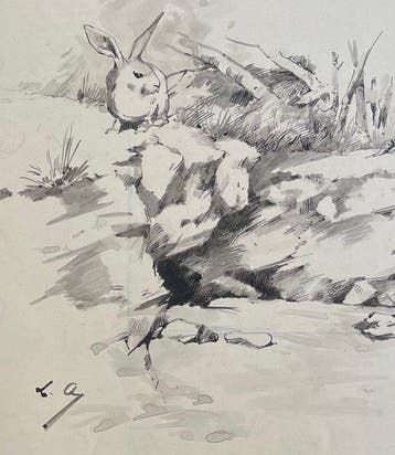 Louise Abbéma (1853-1927). - Le petit lapin observateur dans, Antiquités & Art