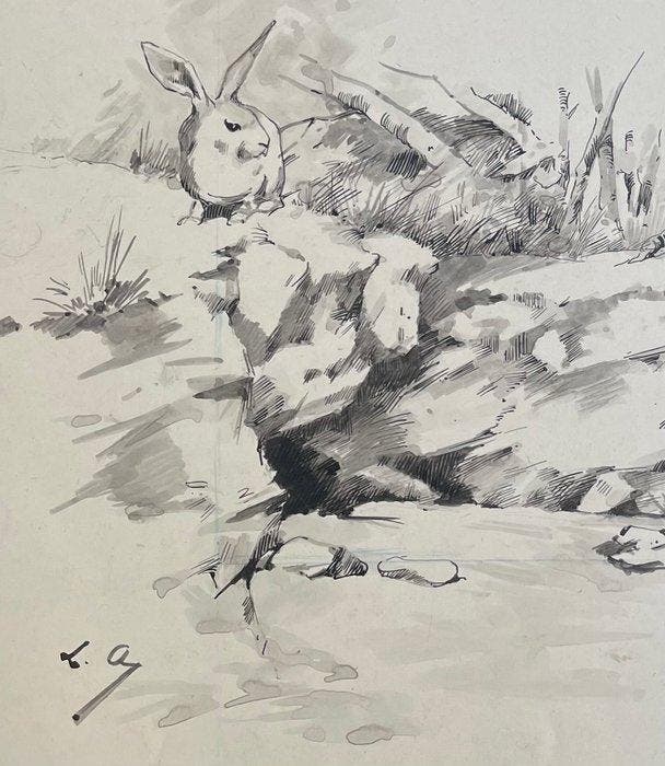 Louise Abbéma (1853-1927). - Le petit lapin observateur dans, Antiquités & Art, Art | Peinture | Classique