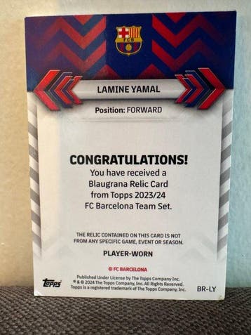 2023/24 Topps FC Barcelona Lamine Yamal Relic ROOKIE - 1