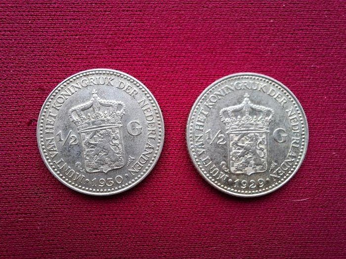 Nederland. Wilhelmina. 1/2 Gulden 1929 en 1930 (Zonder, Postzegels en Munten, Munten | Nederland