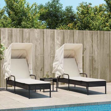 vidaXL Ligbedden 2 st met luifels en tafel poly rattan zwart, Verzenden, Nieuw