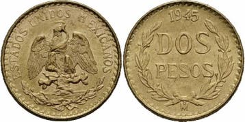 Mexiko 2 Pesos 1945 goud M° Estados Unidos Mexicanos Eagl.., Timbres & Monnaies, Monnaies | Amérique, Verzenden