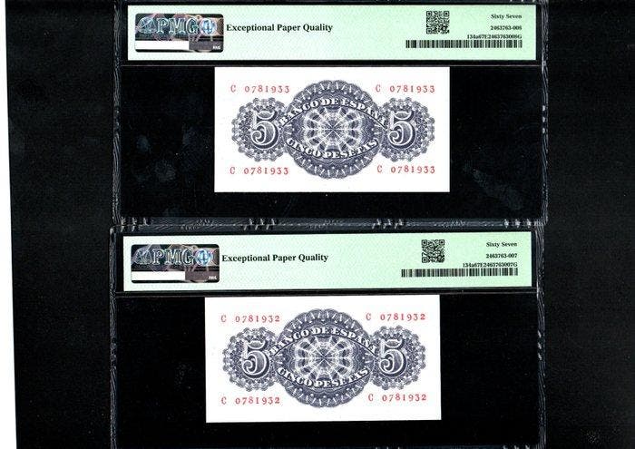 Spanje. - 2 x 5 Pesetas - 1947 - Consecutive - Pick 134a, Timbres & Monnaies, Billets de banque | Europe | Billets non-euro