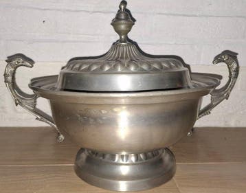 Bol à soupe - Étain - Plat en étain vintage avec couvercle