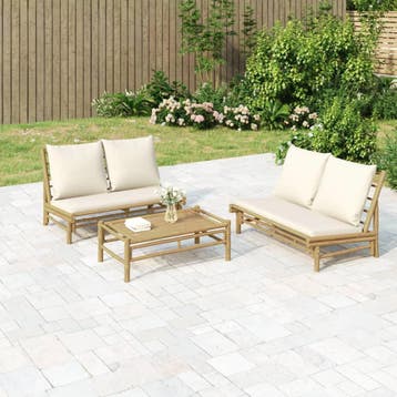 vidaXL 3-delige Loungeset met kussens bamboe crèmewit, Verzenden, Loungeset