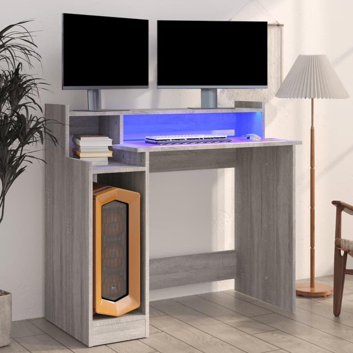 vidaXL Bureau met LED-verlichting 97x45x90 cm hout grijs, Maison & Meubles, Bureaux, Envoi