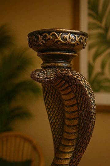 sculptuur, Antique Gold Cobra Candle Holder – Coiled Serpent
