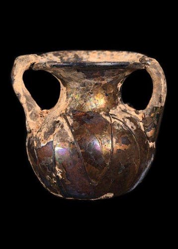 Oud-Romeins Glas Iridescerende pot met trailing decoratie en, Antiek en Kunst