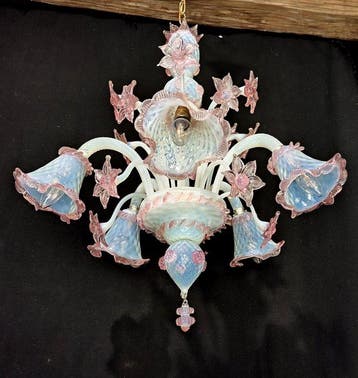 Kroonluchter - Helder opaalglas en roze - Murano