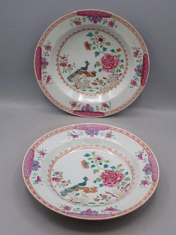 Bord (2) - Double peacock - Porselein - Famille rose -