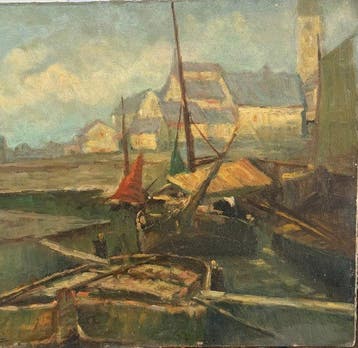 Bartolomeo Bezzi (1851-1923) - Paesaggio con Barche