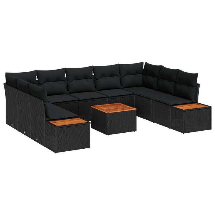vidaXL Tuinbank Set met kussen 10 pcs Zwart Poly rattan, Tuin en Terras, Tuinsets en Loungesets, Nieuw, Verzenden