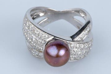 Bague - 18 carats Or blanc Perle - Diamant