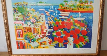 Athos Faccincani (1951) - Veduta costiera con fiori rossi -