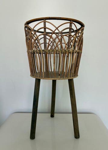 Plantentafel - Rattan, Hout - Vintage plantenstandaard