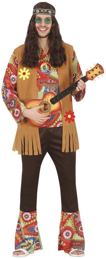 Hippie 60S Kostuum Gekleurd Heren Met Bruin Vest, Verzenden, Nieuw
