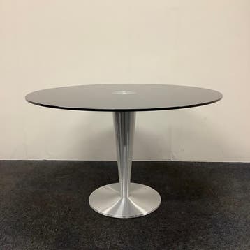 design ronde glazen tafel doorsnede 120 cm, gehard zwart, Gebruikt