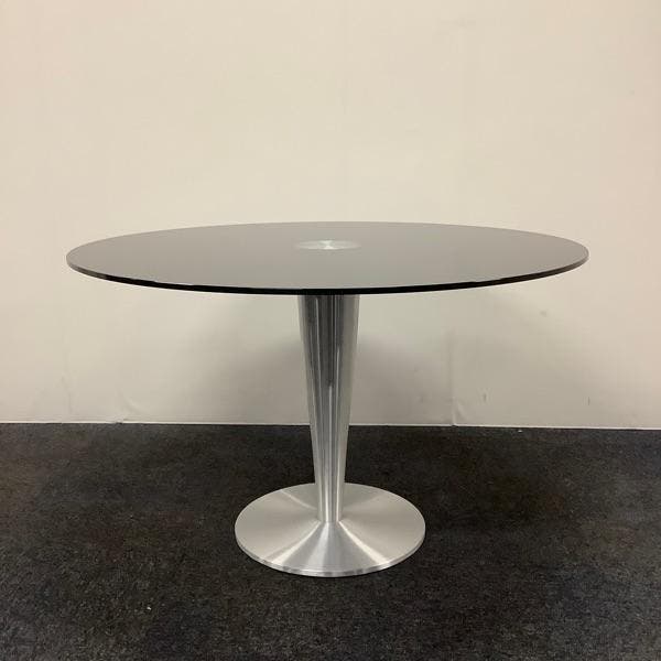 design ronde glazen tafel doorsnede 120 cm, gehard zwart, Huis en Inrichting, Tafels | Eettafels, Gebruikt