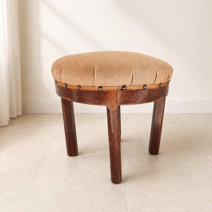 Poef - Hout, Synthetisch leder - voetensteun, jaren zestig, Antiquités & Art, Curiosités & Brocante
