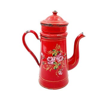 Cafetière - Antieke Franse emaille koffiepot, rood met, Antiek en Kunst