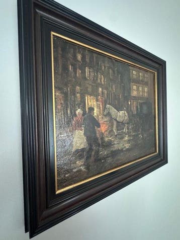 Hollandse School (XX) - Straatscène met paard en koets (