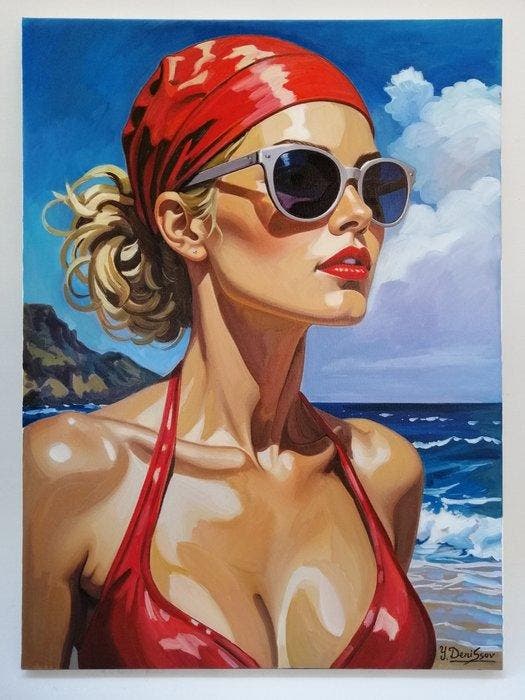 Yuri Denissov - Baigneuse au bonnet rouge., Antiquités & Art, Art | Peinture | Moderne