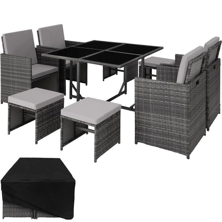 tectake Wicker zitgroep Bilbao 4+4+1 met beschermhoes - grij, Tuin en Terras, Tuinsets en Loungesets, Verzenden