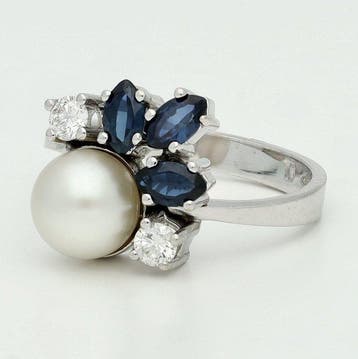Bague - 18 carats Or blanc Perle - Diamant - Saffier, Handtassen en Accessoires, Ringen, Nieuw