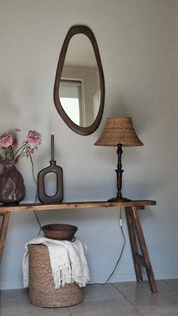 Tafellamp - hout mahonie - Riet - Inclusief kap