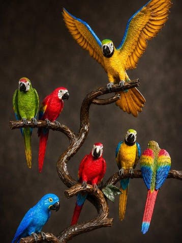 Sculpture, XL Bronzen Papegaaienboom – Handbeschilderd – 165, Antiek en Kunst