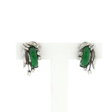 Witgouden oorstekers met jade en diamant; 0,38 ct., Handtassen en Accessoires, Oorbellen, Gebruikt, Ophalen of Verzenden, Met edelsteen