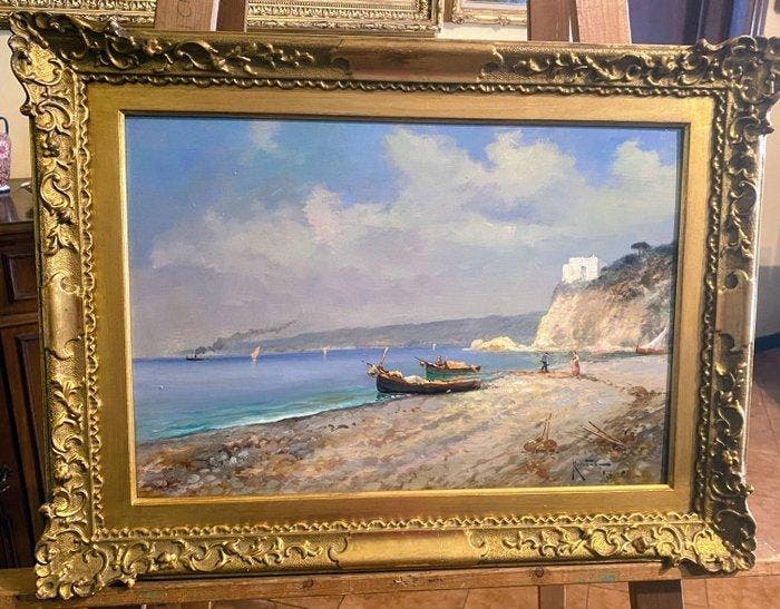 Oscar Ricciardi (1864-1935) - Marina nei dintorni di Napoli, Antiquités & Art, Art | Peinture | Classique