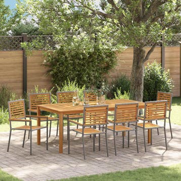 vidaXL Tuin Eettafel Set 9 st Grijs Massief Acacia Hout, Verzenden, Nieuw