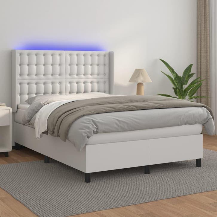 vidaXL Boxspring met matras en LED kunstleer wit 140x200 cm, Maison & Meubles, Chambre à coucher | Lits, Envoi