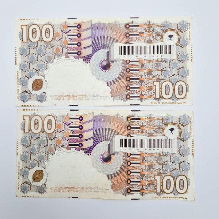 Nederland. - 2 x 100 Gulden - 1992 - PL105 (Zonder, Postzegels en Munten, Bankbiljetten | Europa | Niet-Eurobiljetten