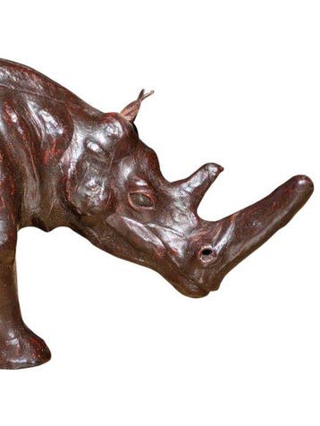 Beeld, Vintage Rhino Statue - 16.5 cm - Hout, Leder - 1970