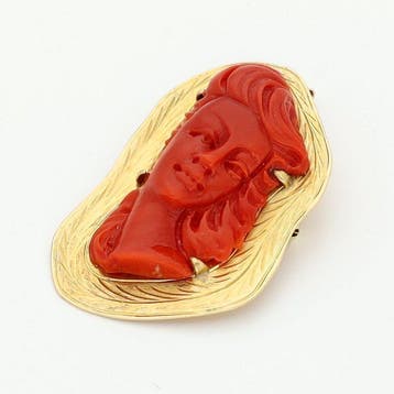 Broche - 18 karaat Geel goud - Bloedkoraal
