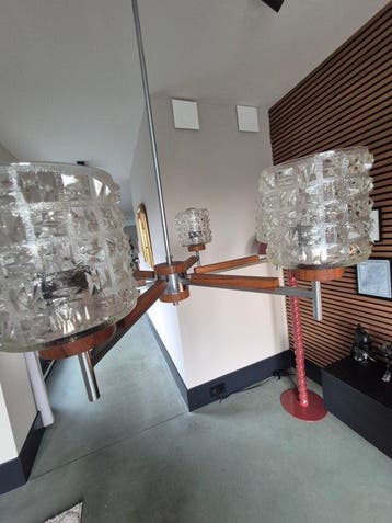 Plafondlamp - Glas, Hout, Metaal - Jaren 70 kroonluchter
