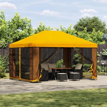 vidaXL Tuin gazebo met zijwanden 4 × 3 m Geel Polyester en, Tuin en Terras, Partytenten, Verzenden, Nieuw